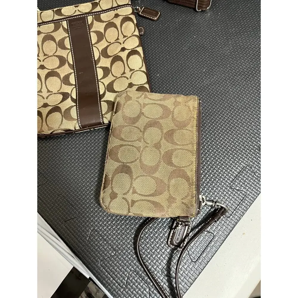 Coach‎ Signature Canvas Brown Stripe Leather Jacquard Crossbody And Wallet